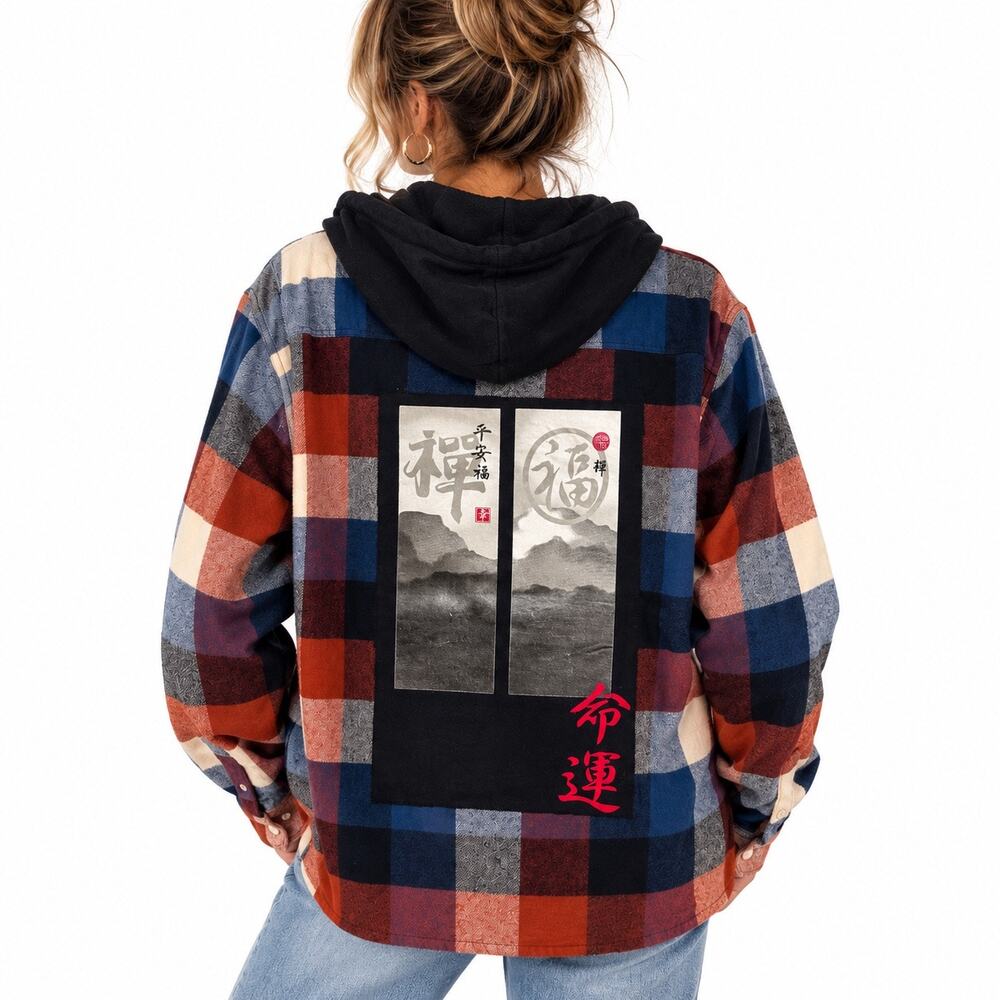 Hollister Upcycled Plaid Hooded Flannel Graphic Shacket Sz L